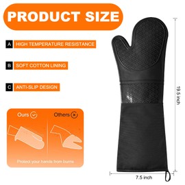 Extra Long Silicone Oven Mitts, Heat Resistant Oven Gloves with Quilted Liner Non-Slip Textured Grip Perfect for BBQ, Baking, Cooking and Grilling - 1 Pair 20 Inch Black