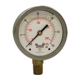 WINTERS PFQ802 PFQ Series Stainless Steel 304 Dual Scale Liquid Filled Pressure Gauge with Brass Internals, 0-30 psi/kpa,2-1/2" Dial Display, -1.5% Accuracy, 1/4" NPT Bottom Mount