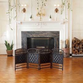 Red Lantern 2 ft. Short Fiber Weave Folding Screen - Black - 4 Panels