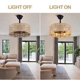 18" Boho Caged Ceiling Fan with Lights, Rattan Fan with Remote Control Farmhouse Rustic Fan Light Fixtures for Bedroom Dining Room Kitchen, Light Beige