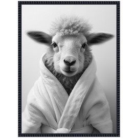 Kate and Laurel Sheep Bathroom Art Towel Robe Black and White Framed Canvas Wall Art by The Creative Bunch Studio 18 x 24 Sylvie Beaded Black, Whimsical, Animals, Humor Art for Wall Decor, Living Room