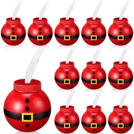 Sliner Christmas Santa Bulb Cups with Lid and Straw 12 oz Reusable Plastic Ball Cups Refillable Santa Claus Christmas Cups for Gift Holiday Party Decorations(12 Pcs)