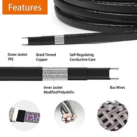 heat tape, Deicing Heating Cable,Pipe (Metal And Plastic) Freeze Protected Water Pipe Heating Cable, Self Regulating Temperature, with Mounting Buckle, 120V 8W/ft(3FT)