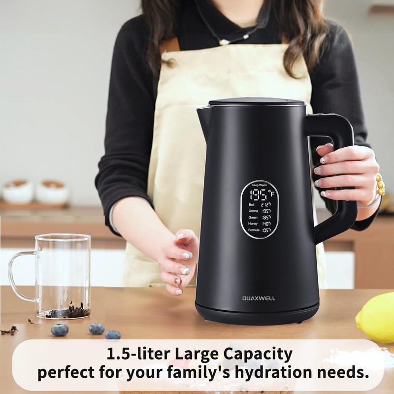 QUAXWELL 1.5L Electric Kettle Stainless Steel, Double Wall Cool Touch