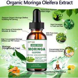 Pure Moringa Oleifera Liquid Drops, Organic Moringa Leaf Extract w. Turmeric, Black Pepper, Moringa Supplement for Energy Metabolism Immune Skin Joint & Gut, 6X Stronger Than Moringa Capsules Powder
