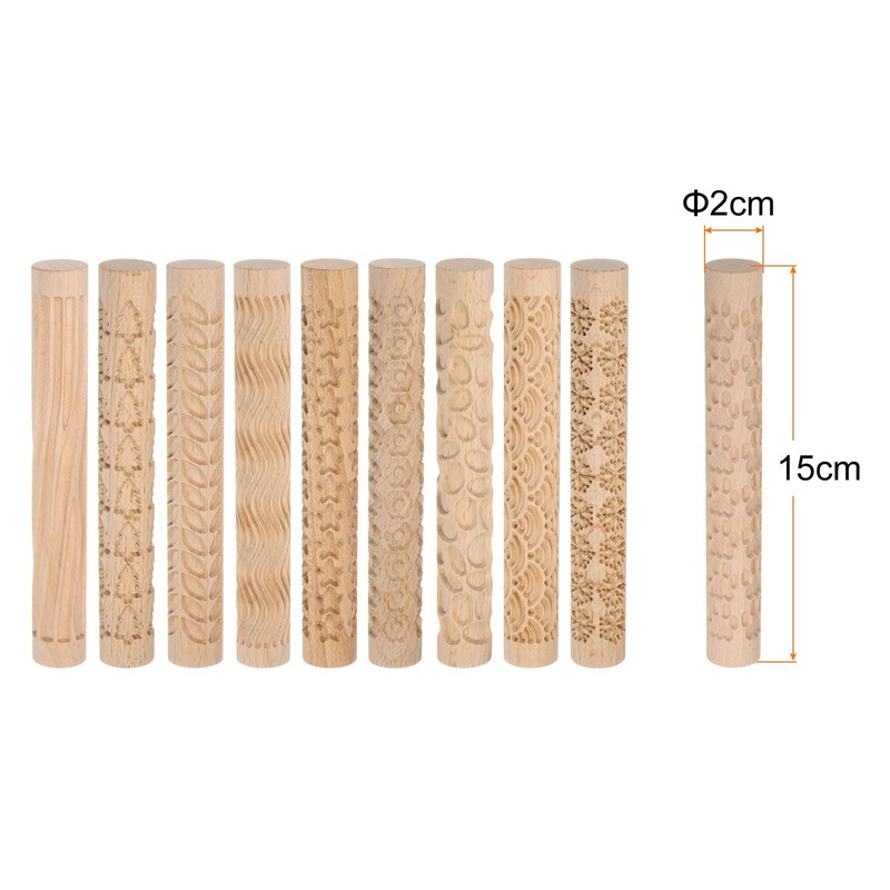 Quartzman 10 Pieces Wood Clay Roller Pattern Modelling 5.9 Inch