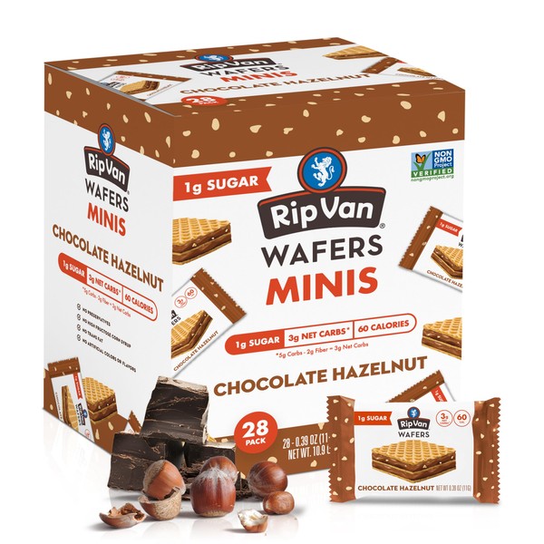 Rip Van Chocolate Hazelnut Mini Wafer Cookies - Healthy Snacks - Mini Keto Cookies - Keto Snacks - Low Carb, Low Sugar (1g), Low Calorie and Vegan Snack - 28 Count