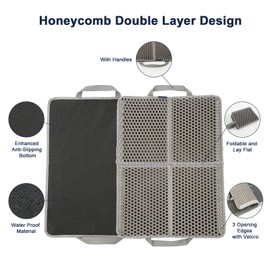 Moonlit Urban Improved Cat Litter Trapping Mat for Under Cat Litter Box Mat -Protects Floor with Scatter Control Double Layers, Honeycomb Hole, 3 Opening Sides, Handles, Waterproof, Anti-Slip(22x30)