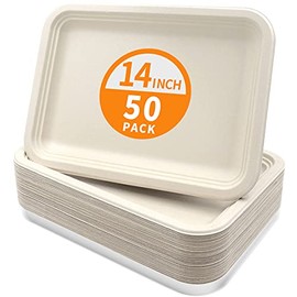 Celel 50 Pack 14 Inch Heavy Duty Disposable Food Serving Trays, Compostable Molded Fiber Food Trays for Crawfish, Crab Leg, BBQ Meat, Pastry