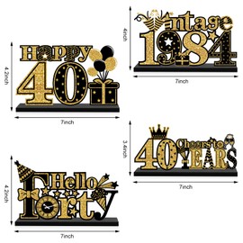 4 Pieces 40th Birthday Decorations Wooden Vintage 1983 Table Party Supplies, Black Gold Cheers to 40 Years Table Centerpieces Sign, Happy 40th Anniversary Bday Hello Forty Table Decor