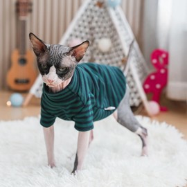 Vintage Mulan Cotton Sphynx Hairless Cats Shirt Cat Turtleneck Pet Clothes Kitten T-Shirts with Sleeves for Sphynx Cornish Rex, Devon Rex, Peterbald (X-Large, Stripe)
