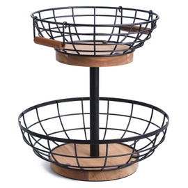 WILDMOS 2-tier Fruit Basket Bowl,Metal Basket with Wooden Base,Fruit and Vegetable Storage with Banana Hanger,Fruit Basket for Kitchen Counter Organizer.