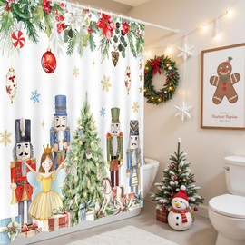 Mocsicka Christmas Shower Curtain Cute Nutcrackers Xmas Balls Snowflake Shower Curtain for Christmas Bathroom Decor Winter Pine Tree Xmas Floral Holiday Home Decor Bath Curtain, 72 X 72 Inch