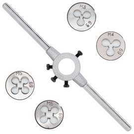 4-piece set of metric threaded round dies M3 M4 M5 M6 accompanied by a die wrench, crafted from high-quality HSS alloy steel, suitable for machining metals like iron, aluminum alloy, copper, and zinc