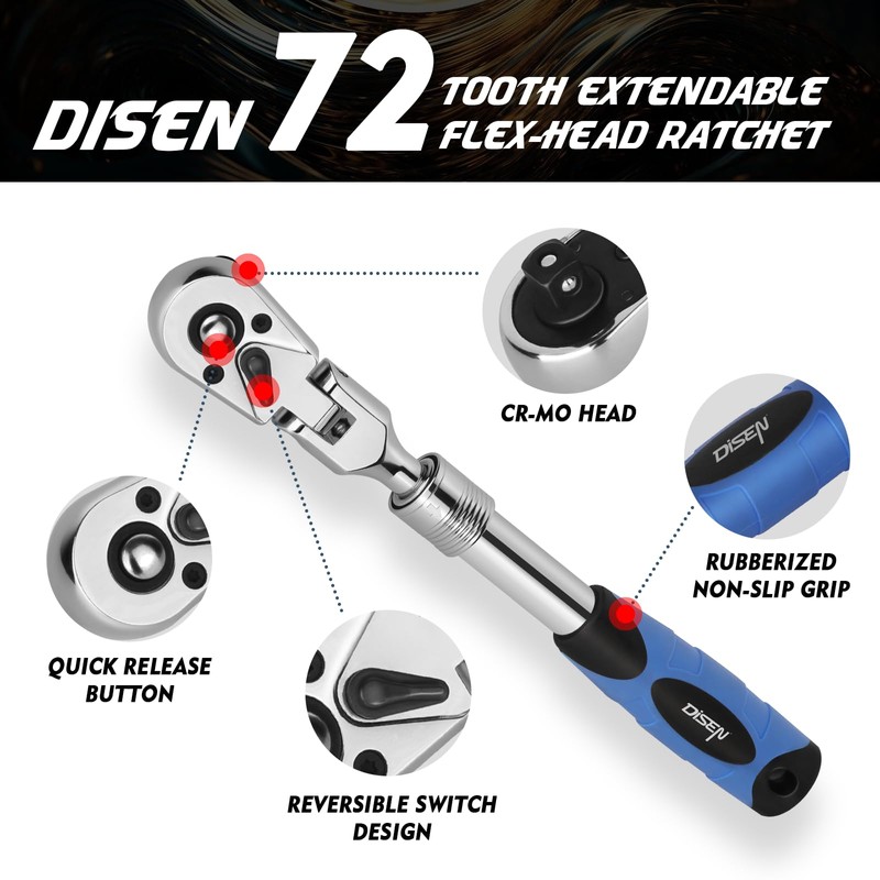 DISEN 3/8" Drive Extendable Flex-Head Ratchet,72-Tooth, Quick Release, Father's Day