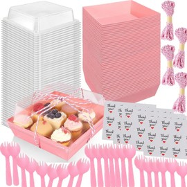 50 Pack Small Charcuterie Boxes with Clear Lids 5 Inches Square To Go Paper Mini Charcuterie Box, Disposable Food Containers, Dessert Boxes - Sandwich, Cookie, Sushi, Cake Slice, Strawberries (Pink)