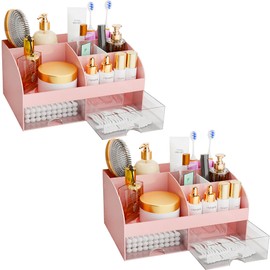 COMFYROOM Makeup Organizer with Drawers, Cosmetic Storage for Dresser Vanity and Bathroom Countertop, Beauty Holder for Lipstick Brush, Skincare Organizer for Vanity, Cosmetic Display Case (Pink-2Pack)
