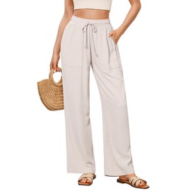 GRAPENT Drawstring Wide Leg Pants for Women Ladies Pants Womens Linen Pants for Summer Wide Leg Trouser Pants for Women Boho Womens Clothing Women Linen Pants Summer Color Natural Medium Size 8 to 10