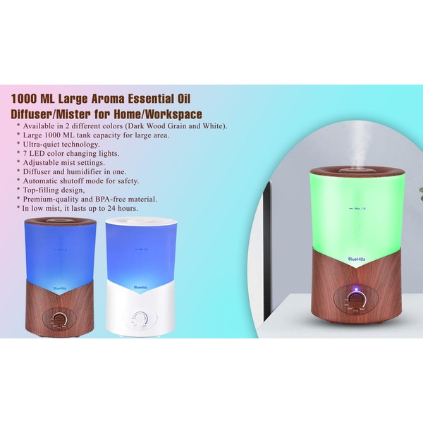 BlueHills Large 1000 ML XL Essential Oil Diffuser Dark Wood Grain Aroma Humidifier 1 Liter Capacity for Big Room Home Long Run Kids Huge Coverage Area Quiet 1L A3