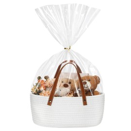 Colingmill Empty Woven Gift Basket with PU Leather Handle and Bags 12" x 8" x 5"Cotton Rope Basket Organizer for Pet Toy Storage Baby Shower Birthday Party Wrapping Gift