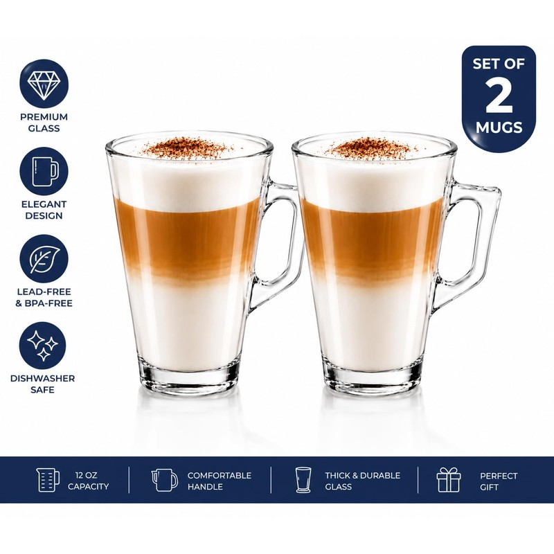 XORX 2 Pack Latte Glass Cups 240ml with Handles