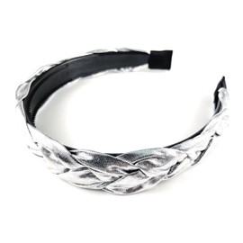 Fashion Accessories Now shiny Silver lamé headband braid faux leather headband hair band braided 1 inch wide