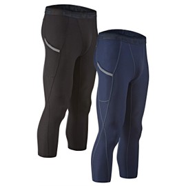 DEVOPS 2 Pack Men's 3/4 Compression Pants Athletic Leggings with Pocket (Large, Black/Navy)