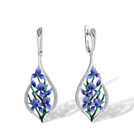 Santuzza 925 Sterling Silver Purple Orchid Earrings Cubic Zirconia Handmade Enamel Flower Dangle Earrings for Women