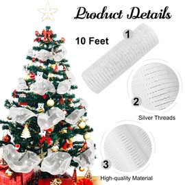 JKJG Christmas Tree Ribbon, Christmas Mesh Ribbon Wired Ribbon Christmas Ribbon for Christmas Tree Gift Craft Ornaments Decoration (26cm×10feet) (White)