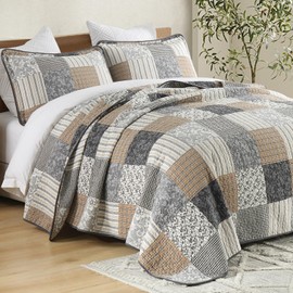 CozyStitch Plaid King Quilt - 100% Cotton King Comforter Set, Vintage Flower King Quilt Bedding Set, Lightweight Soft Quilted Bedspread, Brown/Gray