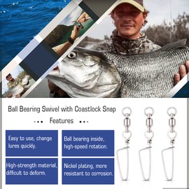 AMYSPORTS Stainless Connector Fishing Snap Swivel High Strength Bearing Swivel Fishing Lock Rolling Swivels Snap Tackle Stainless Steel for Saltwater Freshwater 48pcs 75lbs