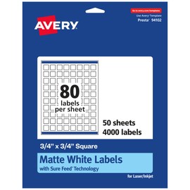 Avery Matte White Square Labels with Sure Feed, 3/4" x 3/4", 4,000 Matte White Printable Labels