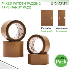brackit Moving Tape Standard and Extra wide Brown Packing Tape, 2 x 48mm x 66m and 2 x 75mm x 66m, 4 Rolls - Strong Seal for Packaging Heavy Parcels and Boxes