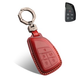 QBUC for Chevy Genuine Leather Key Fob Cover, Smart Key Holder Sleeve Fit for Chevy 2025 2024-2021 Tahoe Suburban GMC Yukon GM Buick, Silverado Sierra 2500HD 3500HD (Red, 5 Buttons)
