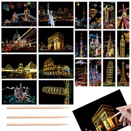 20 Pcs Scratch Art for Adults Gatsby Canvas Scratch Art Paint by Scratch Foil Art for Adults Night View of World Famous Cities Paint by Scratch Equipped with A Scratch Pen (22 * 12cm/20 * 14cm)