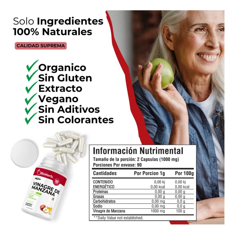 Vinagre De Manzana Madre 100% Puro 180 Cápsulas Bioherb Sabor
