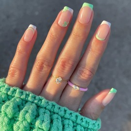 Medium French Tips Press on Nails Square Fake Nails with Flower Design White Green Summer Glossy Cute False Nails Nude Full Cover Stick Glue on Nails for Women 24Pcs