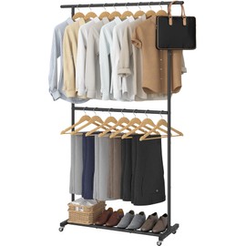 Sywhitta Double Rod Clothing Garment Rack, Rolling Coat Hanger with Bottom Mesh, Clothing Rack for Hanging Clothes, Coats, Skirts, Sweaters, Black