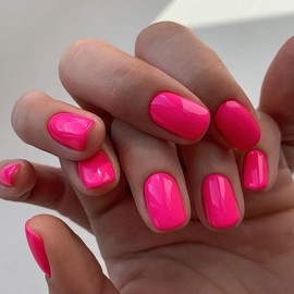 GLAMERMAID Extra Short Press on Nails 24PCS, Bright Hot Pink Jelly Fall Gel Glue on Nails, Glossy Round Reusable UV Finish Fake Nails Acrylic False Nails Manicure Kits for Women