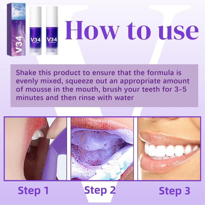 Purple Teeth Whitening Toothpaste, 2 Pieces, 30 ml Toothpaste for