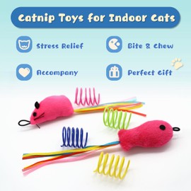 BaiKevin 6 Pcs Fish and Mice Catnip Toys Plush Filled, Premium Cat Wand Toy Accessories with Ribbons, Interactive Catnip Toys for Indoor Cats Kitten Exercise, with 4 Pcs Cat Springs