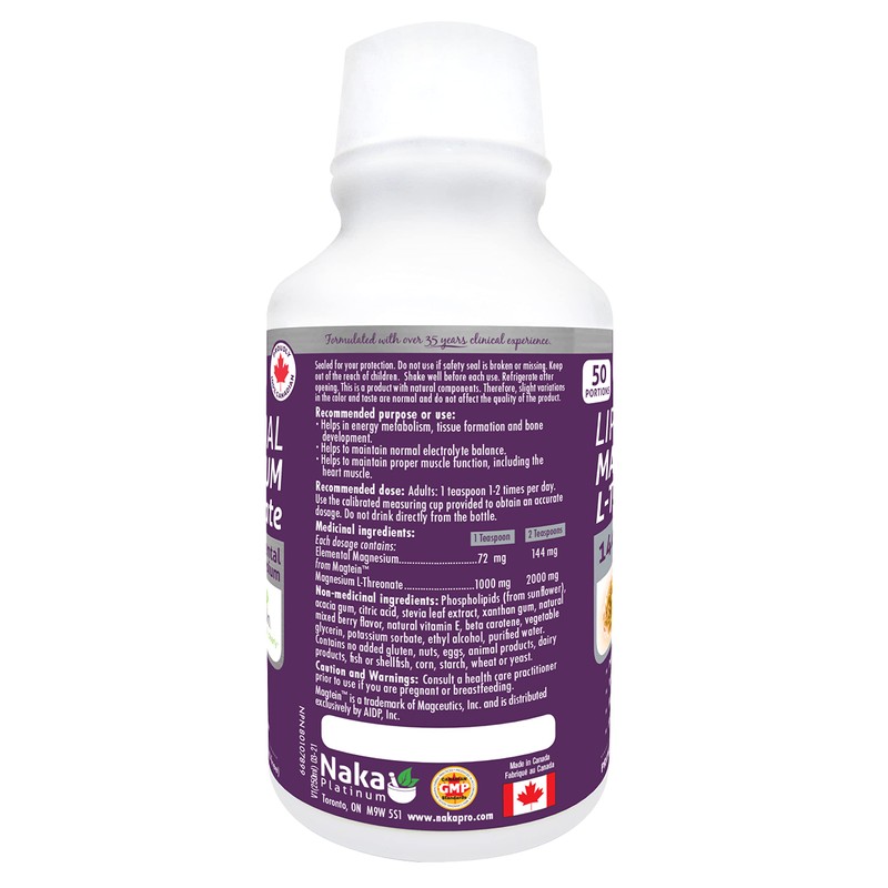 Naka Liposomal Magnesium L-threonate, 144mg Elemental Magnesium, Berry Flavour, Made