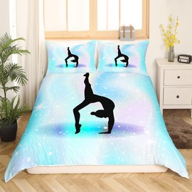 Homewish Gymnastics Duvet Cover Single, Gymnastics Lover Bedding Set Gymnastics Gifts for Girls, Space Star Glitter Comforter Cover Tie Dye Starry Sky Quilt Cover Rainbow Decor, Teal Blue