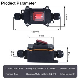DMWD 12V-24V DC Waterproof Inline Cord Switch On Off DPST Toggle Switch Double Outlet with Red Light Rocker Button, 12V DC 20A Outdoor Rocker Switch