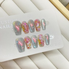 [Overseas] Luxury nail sticker artist handmade nail patch 3D hand-drawn multi-color wave pattern nail patch S/Short T 4ea