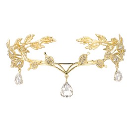 Yuqilin Princess Crystal Crown, Goddess Tiara, Elf Crown, Elf Headpiece, Leaf, Crystal Crown, Elf, Cosplay, Fairy Costume, Women's Headband Tiara, for Cosplay, Renaissance, Bridesmaids (Gold)