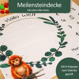 kreativherz - Premium Baby Milestone Blanket Animal Motif "Monkey" 120 x 100 cm Extra Soft According to OekoTex Tested - Milestone Blanket Monthly Blanket for Baby and Children - Baby Blanket for