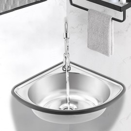 LIYUANJUN Triangular Stainless Steel Washbasin, Commercial Hand Wash Sink with Faucet & Drain Pipe & Inlet Pipe Corner Basin Sink for Kitchen Bathroom Garage Washing Hands Basin, Silver