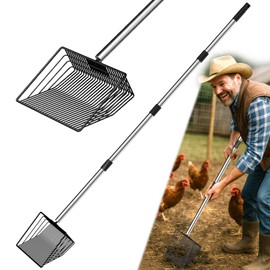 MENGBEI Chicken Poop Scooper, Lightweight Chicken Coop Sifter Shovel, Stainless Chicken Coop Scoop for Sand, 15 to 54" Long Shovel Chicken Coop, Multifunctional Litter Scoop for Easy Cleaning