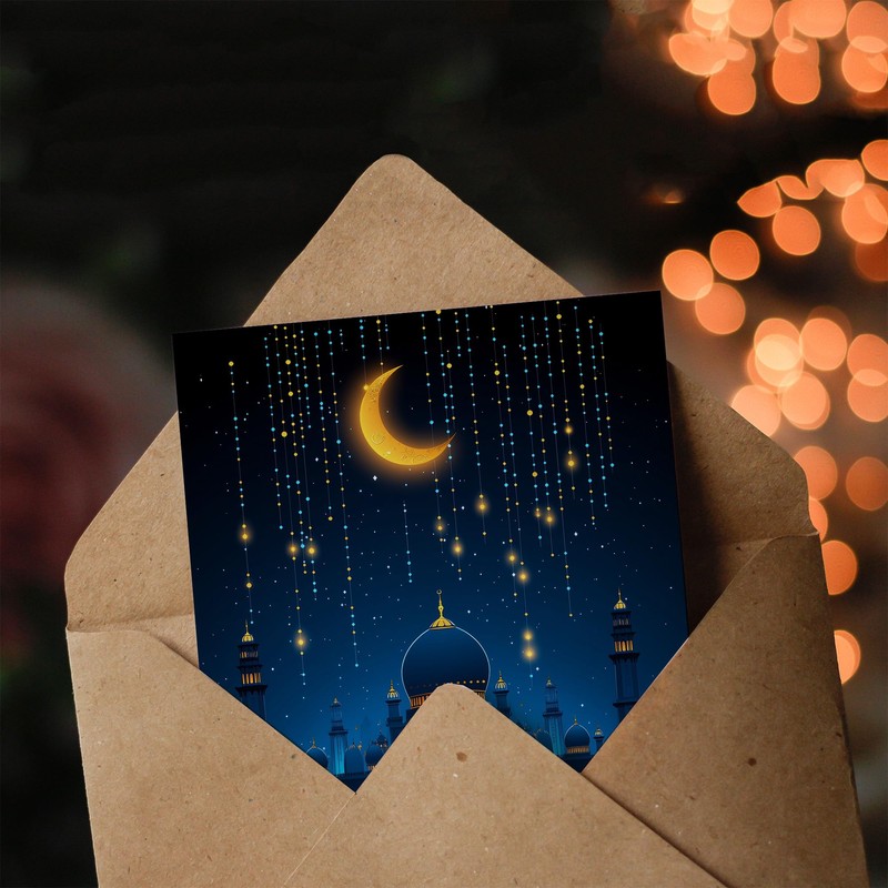 Artery8 Eid Mubarak Greeting Card Crescent Moon Stars Over Mosque